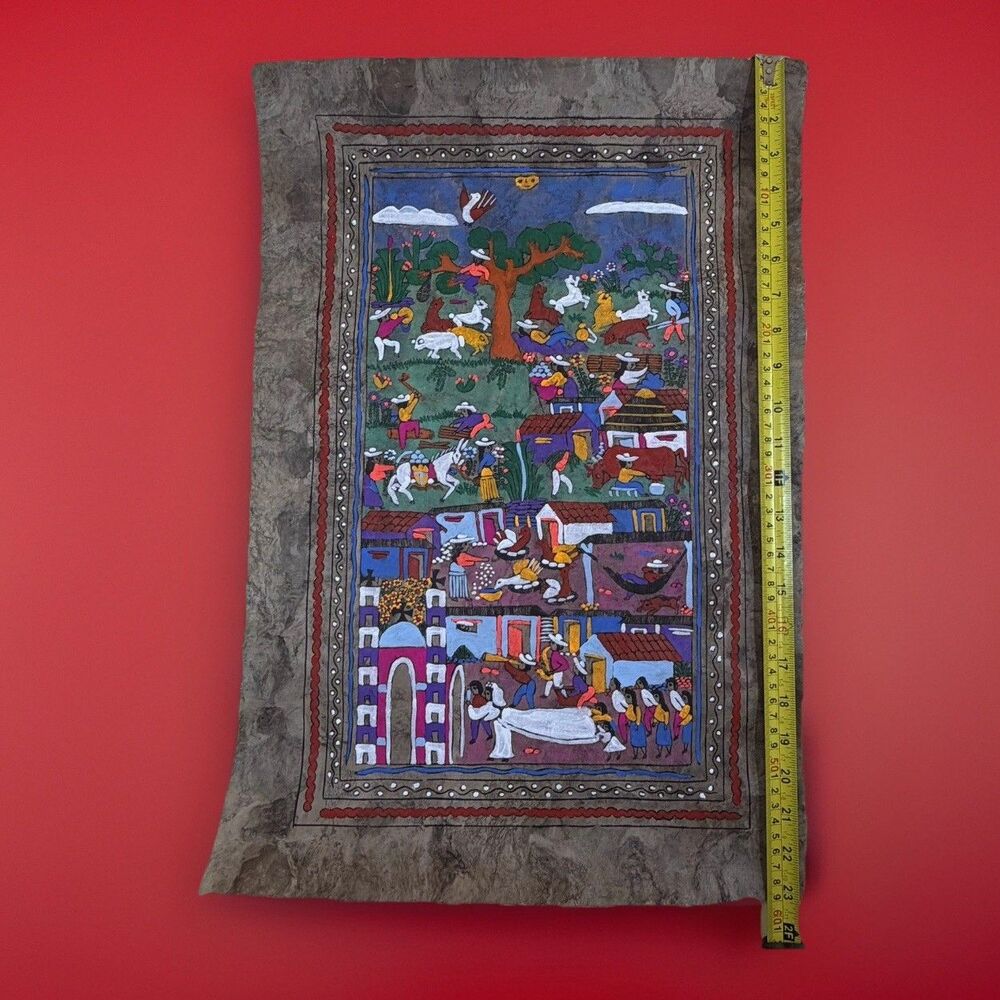 Traditional Mexican Amate Folk Bark Painting signed by Roberto Munoz. Lot of 3.